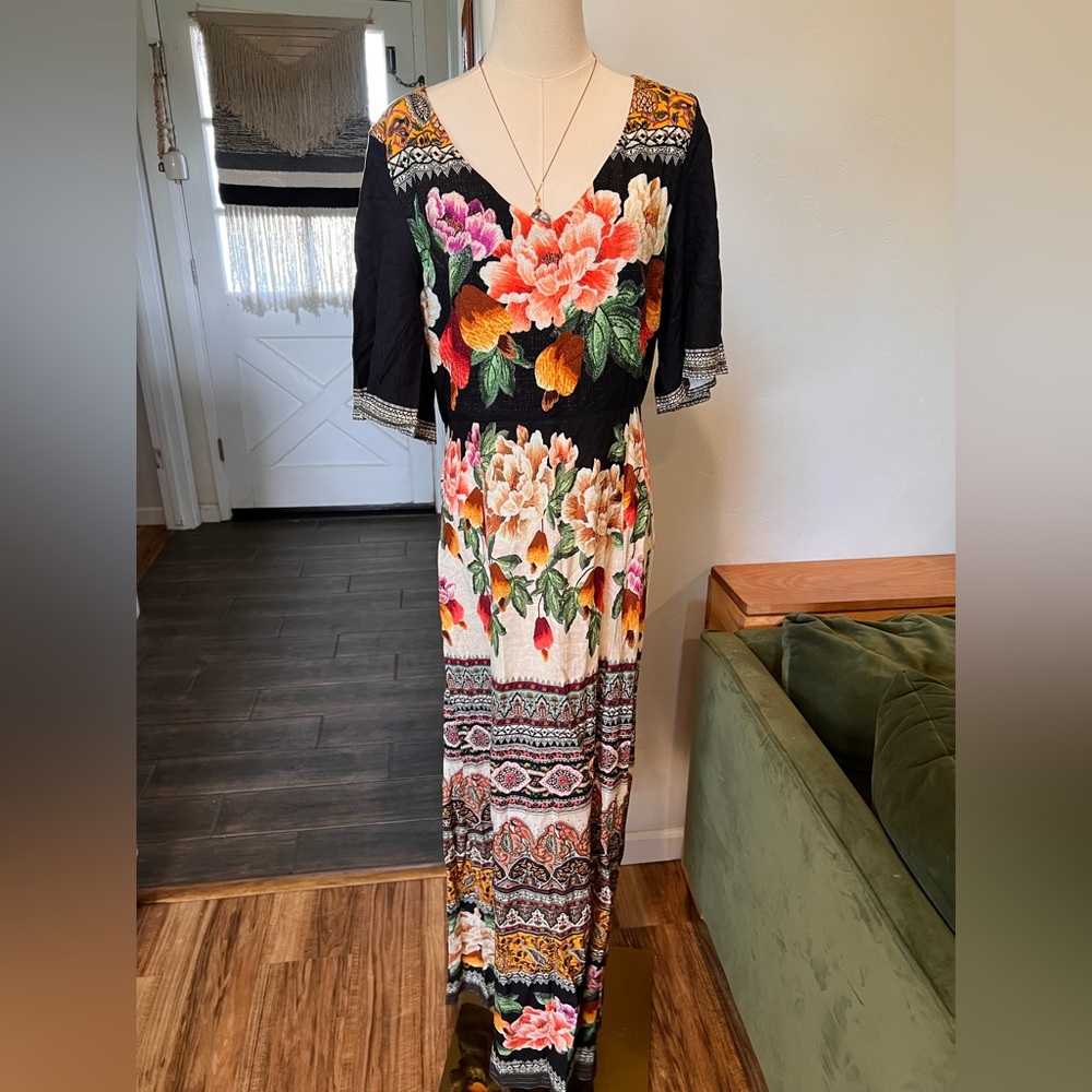 Farm Rio Black Maxi Dress with Multicolor Floral Print
